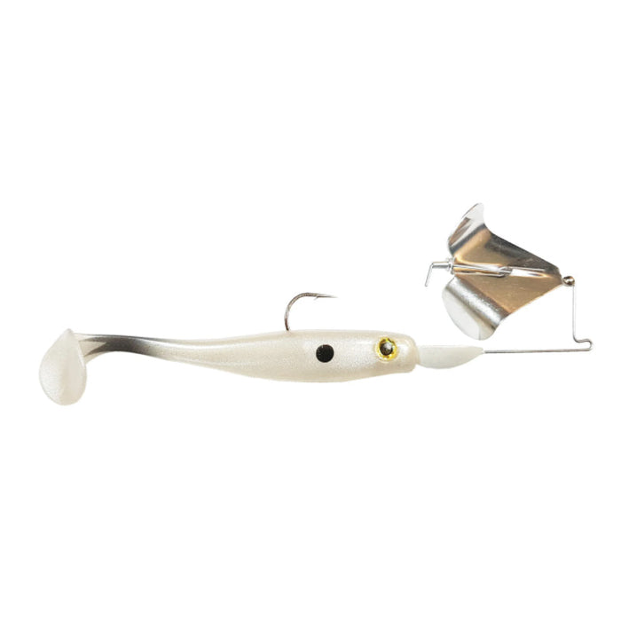 Big Bite Baits Suicide Buzz fishing lure in white and silver with a metal buzz blade and single hook, designed for freshwater fishing tackle targeting musky and other predator fish.