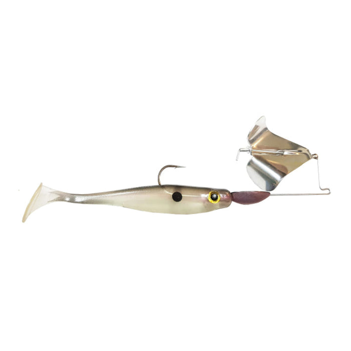 Big Bite Baits Suicide Buzz fishing lure with a silver pearly soft body, single hook, and attached spinning metal buzz blade for attracting fish in freshwater fishing tackle.