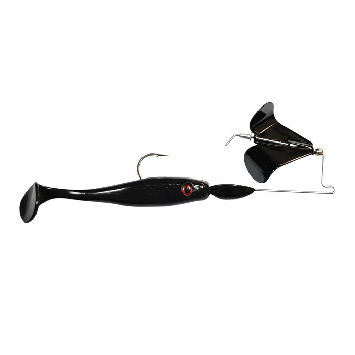 Big Bite Baits Suicide Buzz is a black fishing lure with a paddle tail and an attached buzzing metal spinner designed for attracting musky and other large fish.