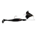 Big Bite Baits Suicide Buzz is a black fishing lure with a paddle tail and an attached buzzing metal spinner designed for attracting musky and other large fish.