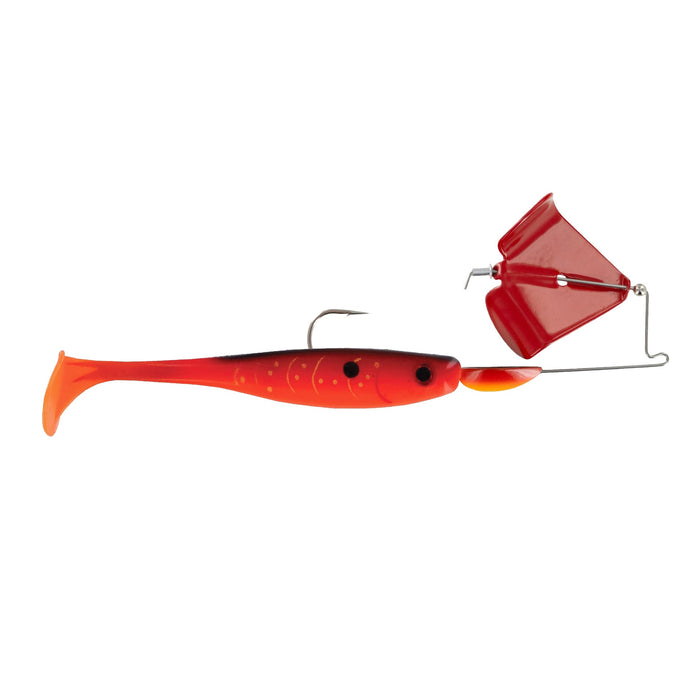 Big Bite Baits Suicide Buzz fishing lure with a bright red and orange soft plastic body, a single treble hook, and a red buzz blade designed for attracting musky and other game fish.