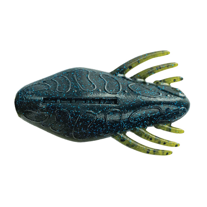 Big Bite Best Skipper Ever fishing lure in dark color with blue speckles and yellow-green appendages designed for realistic movement in water.