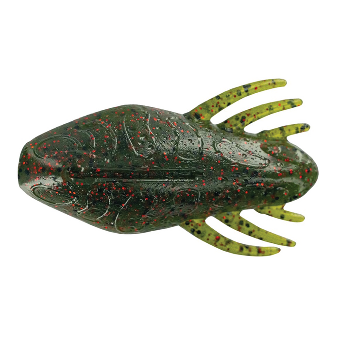 Big Bite Best Skipper Ever fishing lure in green with red and black speckles, shaped to mimic a small aquatic creature for attracting musky and other fish.
