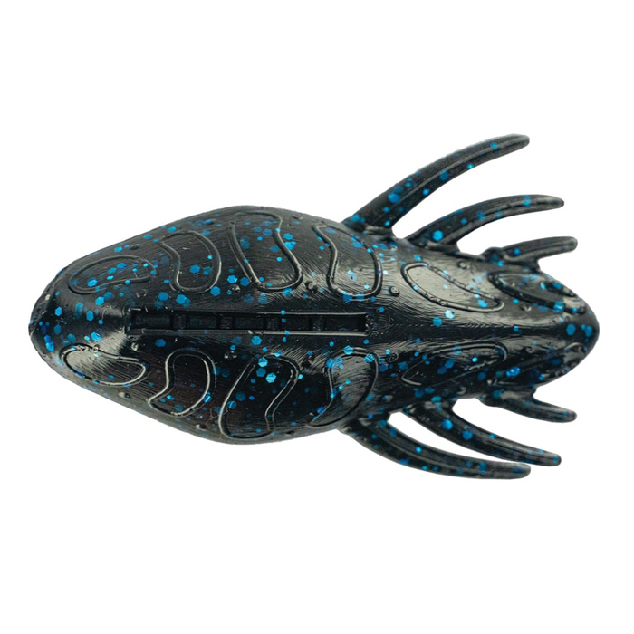 Close-up of a black fishing lure with blue speckles shaped with multiple curved appendages, designed as the Big Bite Best Skipper Ever for fishing tackle.