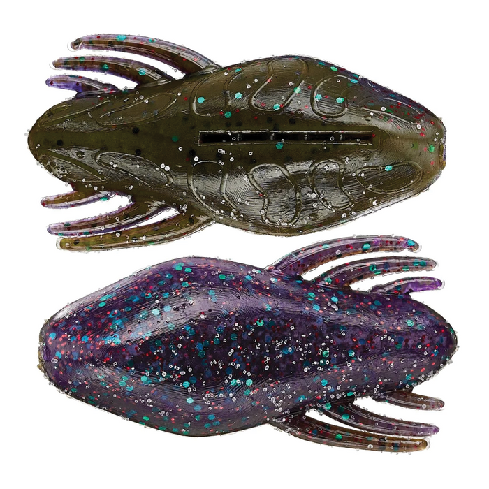 Two views of the Big Bite Best Skipper Ever fishing lure in translucent olive and dark purple with multicolored glitter, designed to attract musky fish.