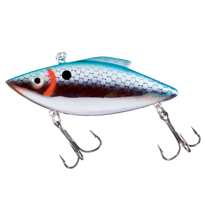 Bill Lewis Rat-L-Trap - Standard fishing lure with a blue and silver scaled body, red accent near the eye, and two sharp treble hooks for effective fishing tackle.