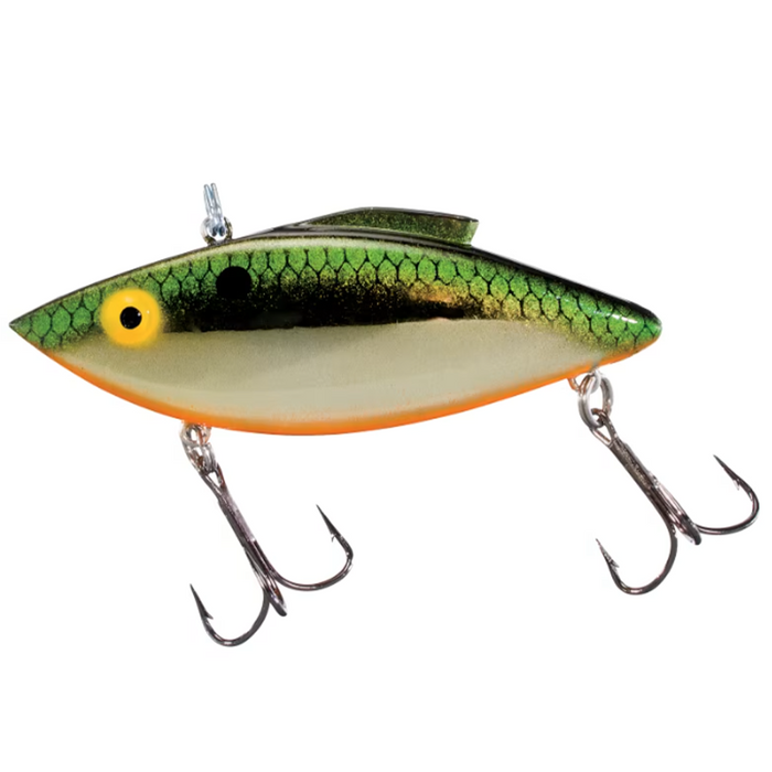 Bill Lewis Rat-L-Trap - Standard fishing lure with green and gold scaled pattern, yellow eye, and two sharp treble hooks for effective fishing tackle.