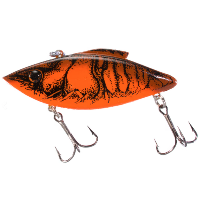 Bill Lewis Rat-L-Trap - Standard fishing lure in bright orange with black crawfish pattern, featuring two sharp treble hooks for freshwater fishing tackle.