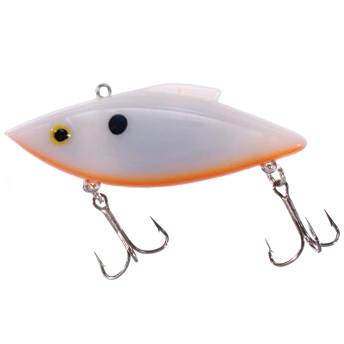 Bill Lewis Rat-L-Trap - Standard fishing lure in white with orange underside, featuring two treble hooks and a streamlined body designed for effective fishing tackle use.