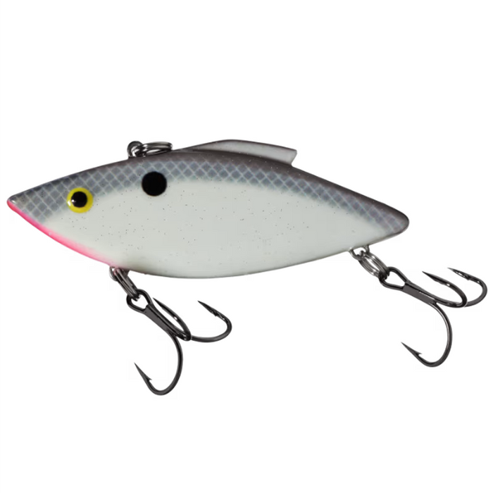 Bill Lewis Rat-L-Trap - Super Trap fishing lure with a silver and white fish-shaped body, yellow eye, black spot, and two treble hooks designed for musky fishing tackle.