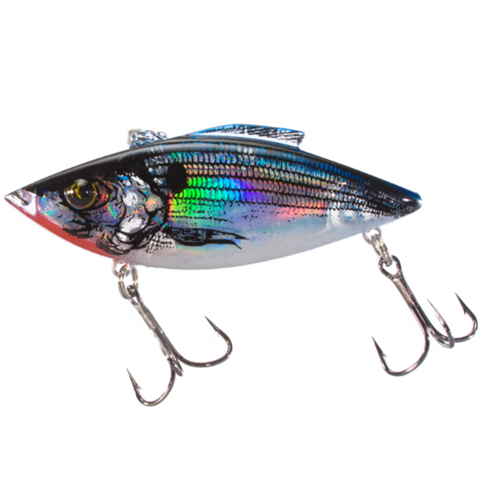 Bill Lewis Rat-L-Trap - Super Trap fishing lure with a shiny, holographic silver and black fish design and two sharp treble hooks for freshwater fishing tackle.