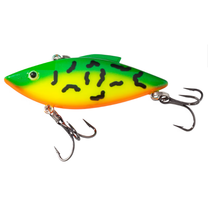 Bill Lewis Rat-L-Trap - Super Trap fishing lure in bright green, yellow, and orange with black markings, featuring two sharp treble hooks for musky fishing tackle.