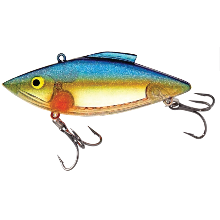 Bill Lewis Rat-L-Trap - Super Trap fishing lure with a shiny blue, green, and yellow finish, featuring two treble hooks and designed for effective fishing tackle use.