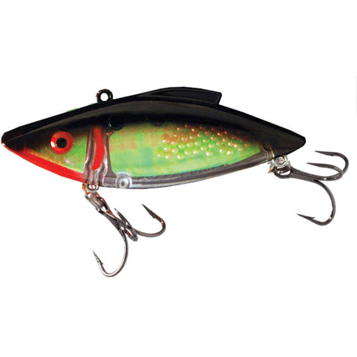 Bill Lewis Rat-L-Trap - Super Trap, a fishing lure with lifelike green and black body, red head detail, and two sharp treble hooks for effective fishing tackle use.