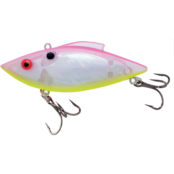 Bill Lewis Rat-L-Trap - Super Trap fishing lure in translucent white with pink and yellow accents, featuring two sharp treble hooks for effective fishing tackle use.
