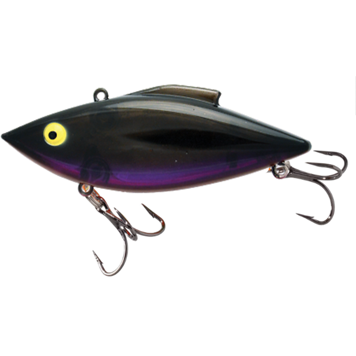 Bill Lewis Rat-L-Trap - Super Trap fishing lure in black and dark purple with yellow eyes, featuring two sharp treble hooks for effective musky fishing tackle.