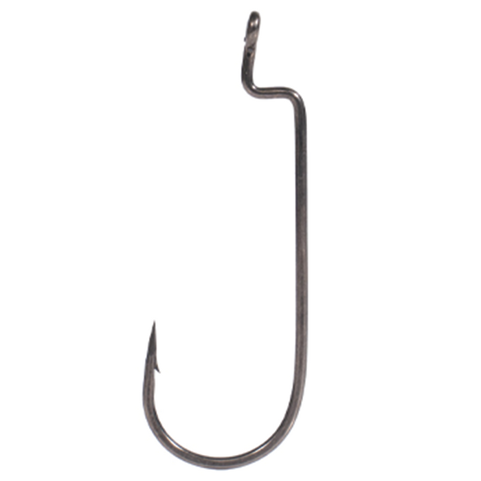 Single BKK Armor-Point Offset Worm Round Bend Hook made of durable metal, designed for effective fishing tackle use, featuring a sharp point and offset bend for secure bait attachment.