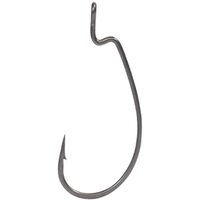 Single dark metal fishing hook with an offset eye and sharp bait keeper barb, designed for use as BKK Armor-Point Offset Worm WG Hooks in fishing tackle.