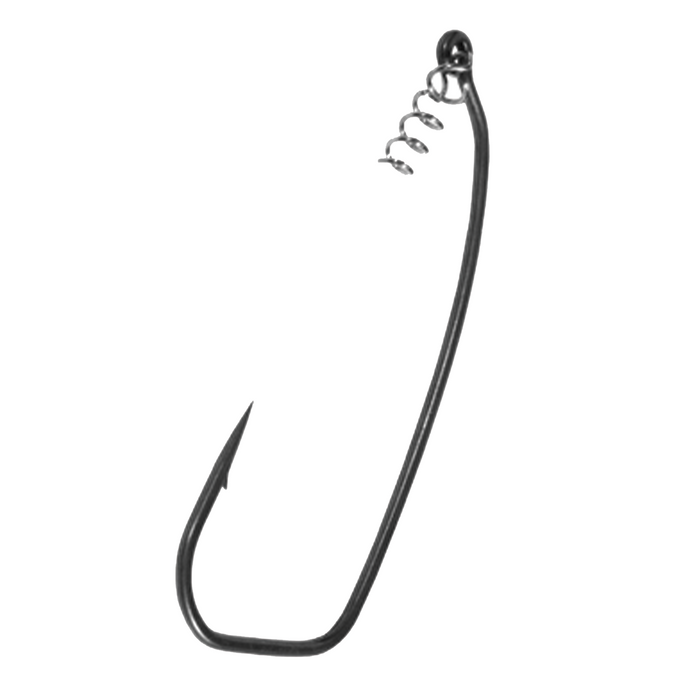 Close-up of a single black BKK Armor-Point Permalock Hook with a sharp barb and a spiral locking mechanism designed for secure fishing lure attachment, used in fishing tackle.