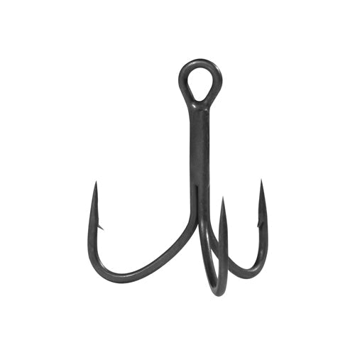 Close-up of a black metal BKK Hyper Latch 70-SS UL Treble Hooks with three sharp points and an eyelet for attaching to fishing lures, designed for fishing tackle use.