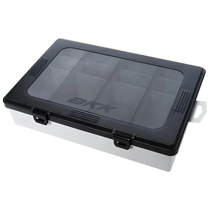 BKK OCD Tackle Storage System Box in black and gray with a transparent lid, featuring multiple compartments and secure latches for organized fishing tackle storage.