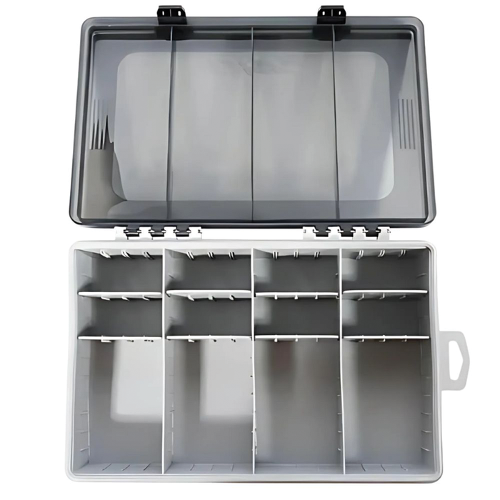 BKK OCD Tackle Storage System Box with clear hinged lid and multiple adjustable compartments designed for organizing fishing tackle and lures.