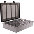 BKK OCD Tackle Storage System (Fully Loaded) showing a gray tackle box with a transparent lid and multiple compartments filled with assorted fishing lures and fishing tackle.