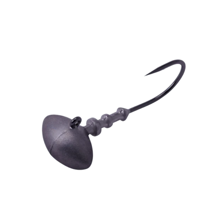 BKK Silent-Chaser Football Head Jigs featuring a dark, streamlined football-shaped head with a sharp, curved hook, designed for effective fishing tackle use.