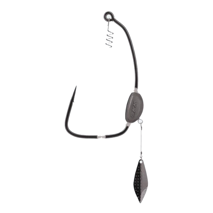 BKK TitanDiver+ Swimbait Hook featuring a sharp black hook, curved wire arm with spiral bait keeper, and a weighted blade designed for effective fishing tackle use.