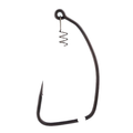 Close-up of a black BKK TitanRider Swimbait Hook featuring a sharp point and an integrated screw lock for secure attachment, designed for effective fishing tackle use.
