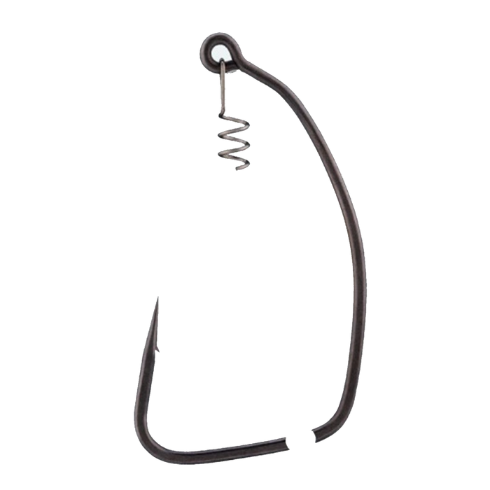 Close-up of a black BKK TitanRider Swimbait Hook featuring a sharp point and an integrated screw lock for secure attachment, designed for effective fishing tackle use.