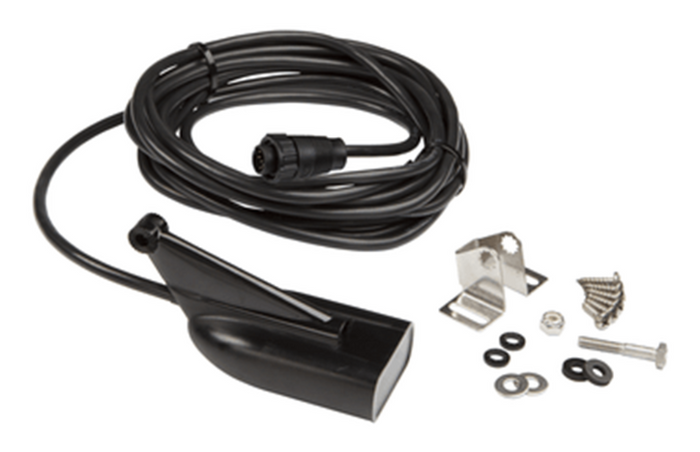 BLACK HDI SKIMMER MED/HIGH 455/800 9PIN 000-13885-001 fish finder transducer with coiled black cable and assorted metal mounting hardware including screws, washers, and brackets for marine electronics installation.