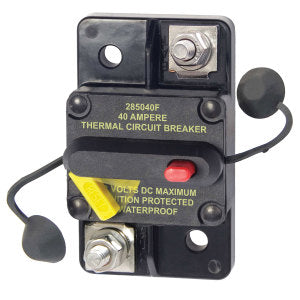 Blue Sea Systems 7182 Circuit Breaker 40 Amp Surface with black waterproof housing, yellow reset lever, and metal terminals designed for marine electronics protection.