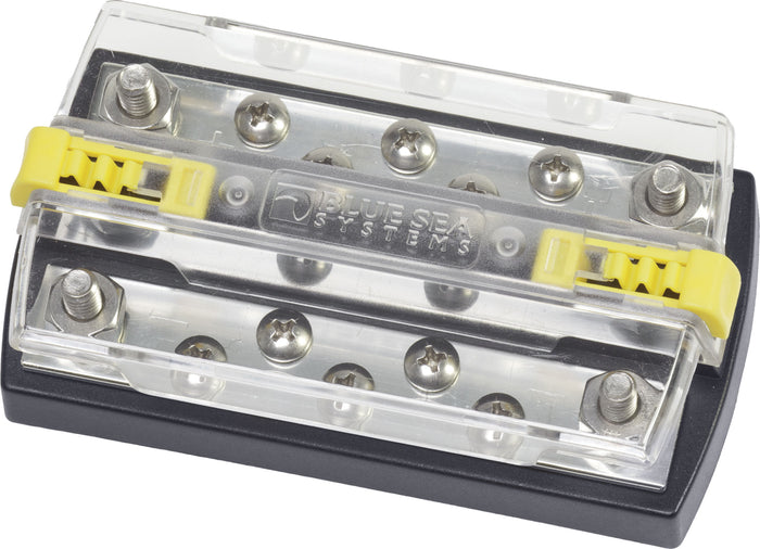 Blue Sea Systems DualBus Plus 150A BusBar - 1/4"-20 Stud 5 Gang 2722 with transparent protective cover and yellow locking clips, designed for secure marine electronics connections.