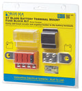 Blue Sea Systems ST Blade Battery Terminal Mount Fuse Block Kit 5024 displayed in clear packaging with yellow backing, showing fuse block, mounting hardware, and protective cover.