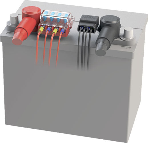 Blue Sea Systems ST Blade Battery Terminal Mount Fuse Block Kit 5024 installed on a battery with red and black cables connected to the fuse block for organized circuit protection.