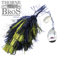 Blue Water Baits Gong Show 10 Magnum fishing lure featuring black and chartreuse synthetic fibers with silver spinner blades, designed for musky fishing.