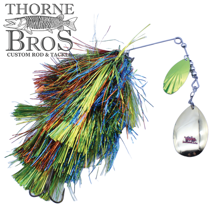Blue Water Baits Gong Show 10 Magnum fishing lure with vibrant multicolored strands and dual metallic spinner blades, designed for effective fishing tackle use.