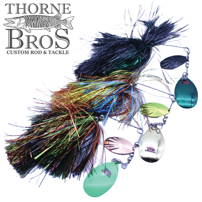Close-up of the Blue Water Baits Gong Show 10 fishing lure featuring colorful iridescent skirt material and multiple reflective spinner blades, designed for musky fishing.