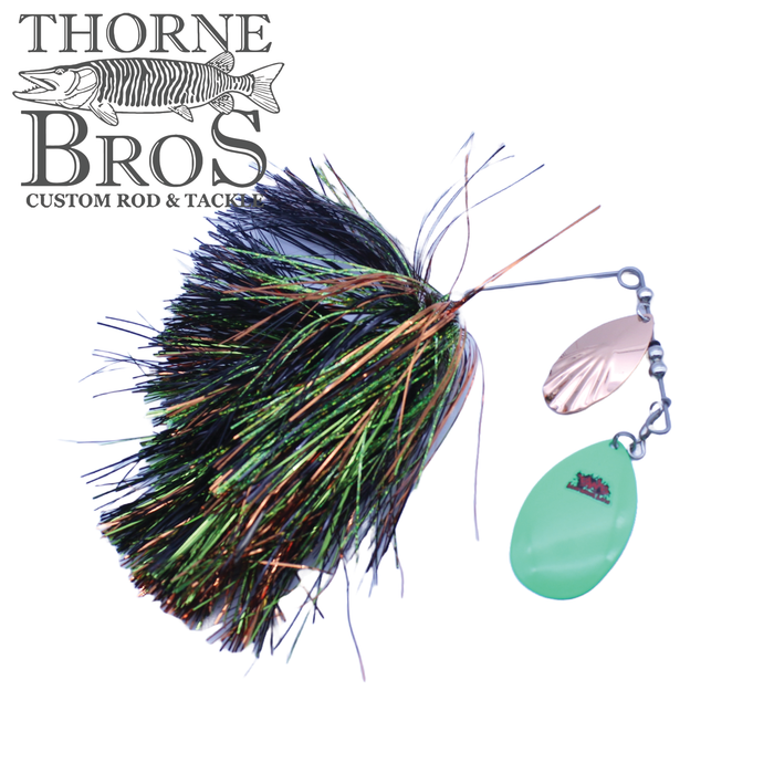 Blue Water Baits Gong Show 10 spinnerbait with iridescent black and green skirt, copper and light green blades, designed for fishing tackle by Thorne Bros.