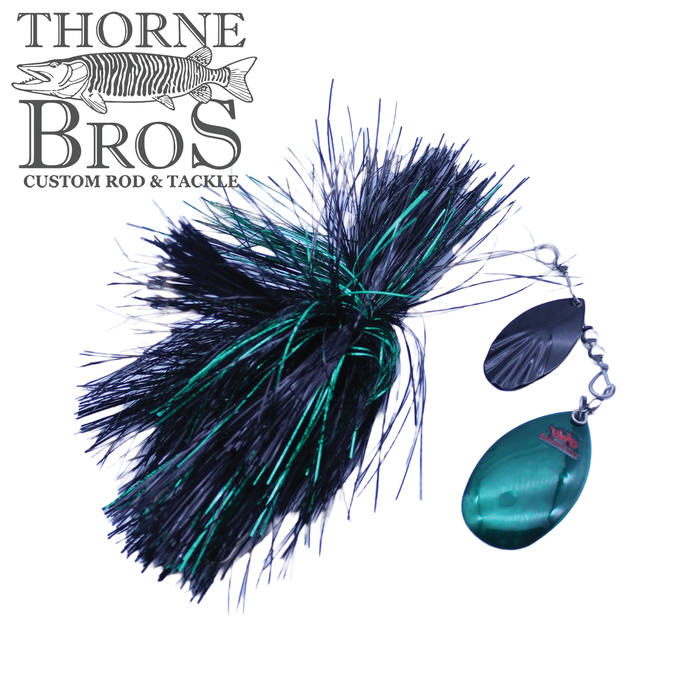 Blue Water Baits Gong Show 10 fishing lure with black and green skirt and dual spinner blades, designed for musky fishing, displayed with Thorne Bros logo.