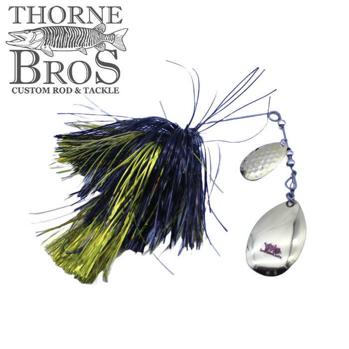 Blue Water Baits Gong Show 10 fishing lure with black and yellow skirt and two silver spinning blades, designed for musky fishing, shown with Thorne Bros logo.