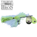 Blue Water Baits Show Stopper 11 fishing lure featuring bright chartreuse and white skirt with two spinner blades, designed for musky fishing and custom tackle use.