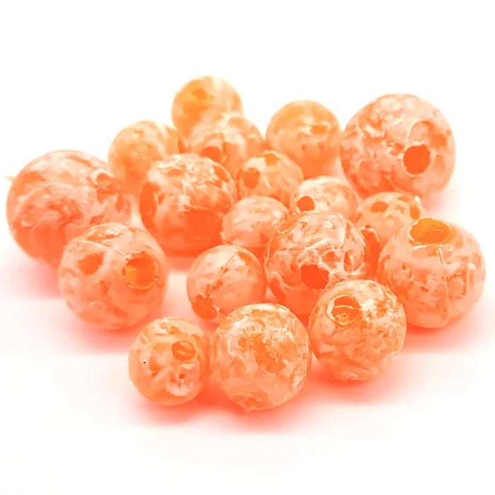 BnR Tackle Soft Beads in varying sizes, translucent orange with marbled patterns, designed for use in fishing tackle and lure customization.