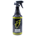 Bottle of Boat Bling Green Sauce Mold and Mildew Stain Remover and Treatment Spray with black spray nozzle and green and black label designed to clean and treat fishing tackle and marine gear.