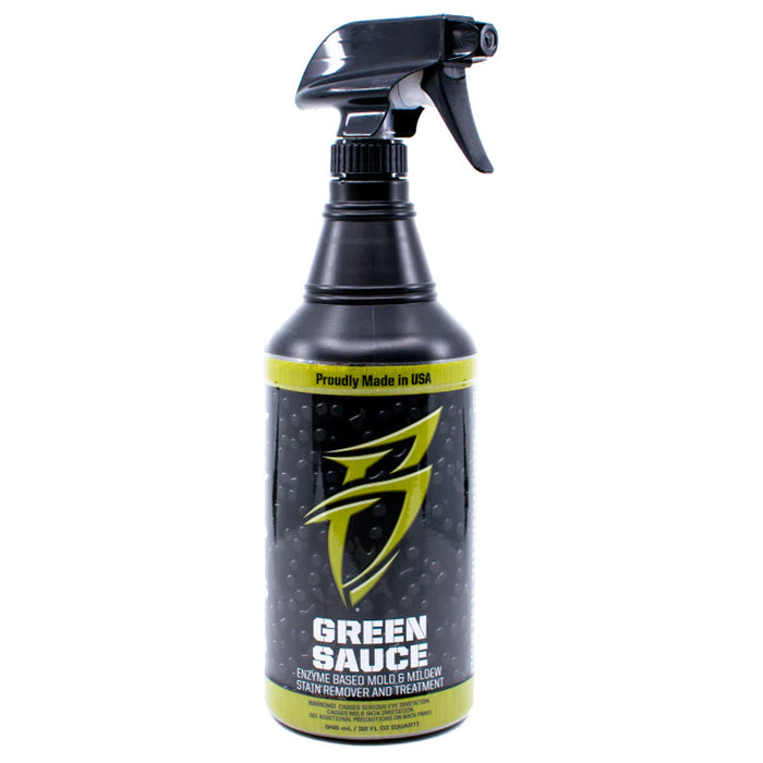 Bottle of Boat Bling Green Sauce Mold and Mildew Stain Remover and Treatment Spray with black spray nozzle and green and black label designed to clean and treat fishing tackle and marine gear.