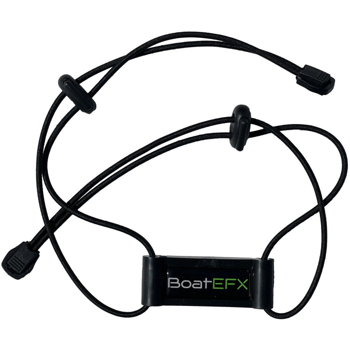 BoatEFX Graph Cover Trap device with adjustable black cords and locking mechanism, designed for securing marine electronics or fishing tackle gear.
