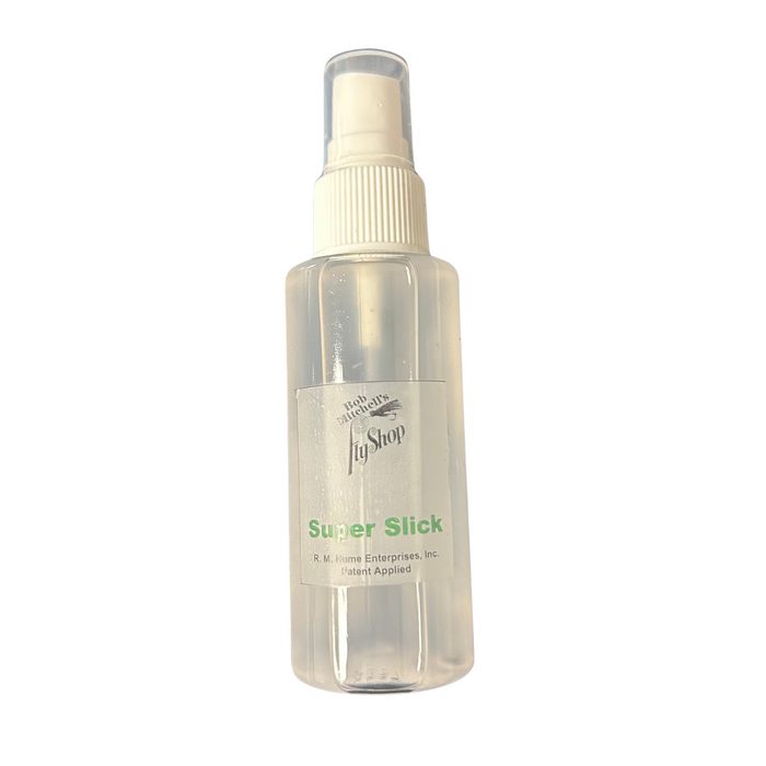 Clear plastic spray bottle with a white nozzle and label for Bob Mitchell's Super SlickFly Line Dressing, used for maintaining fishing tackle and fly lines.