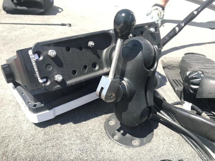 Bobs Machine Quick Slip – Big Ball Ram Mount 160-100000 showing a black, adjustable mounting bracket with a spherical knob and clamp mechanism, designed for secure attachment of fishing tackle or marine electronics.