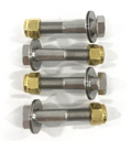 Four metal bolts with hexagonal heads, threaded shafts, washers, and gold-colored nuts, arranged horizontally on a white surface, representing the Bolt Kit for Jack Plates DK-1-DP.